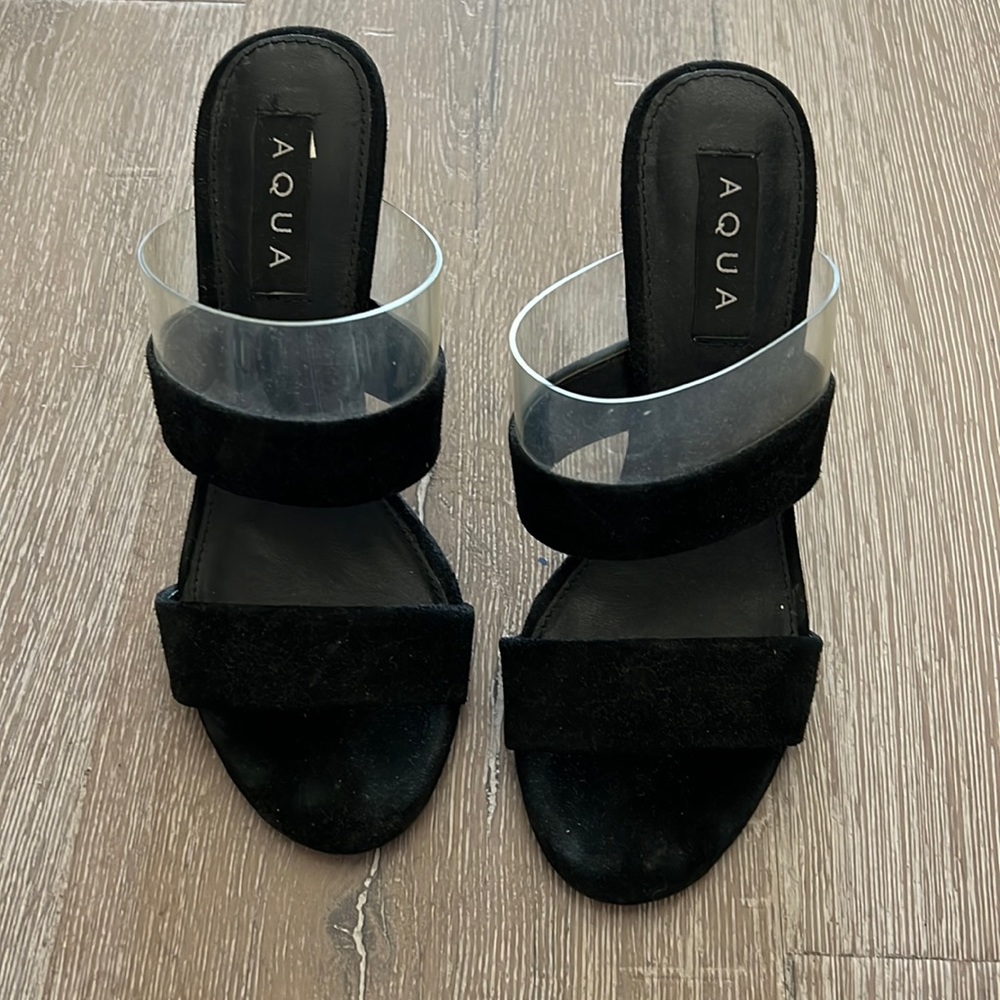 Aqua black suede high heel sandals